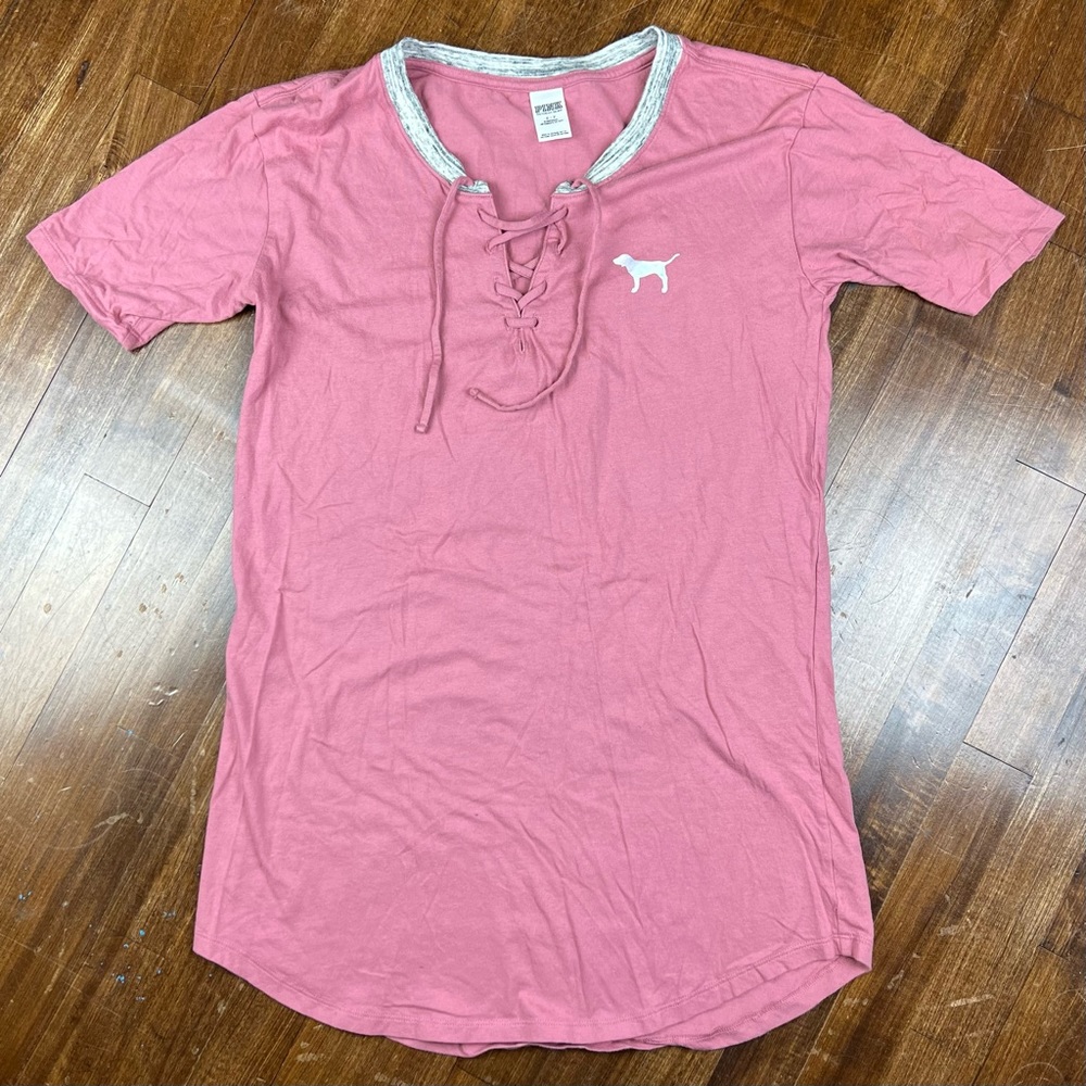 Victorias Secret PINK ‘I Like You A Latte’ Sleep Wear Pajama Shirt Lace Up Small